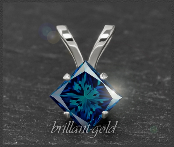 Diamant 585 Gold Anhänger, blau, Prinzess-Schliff